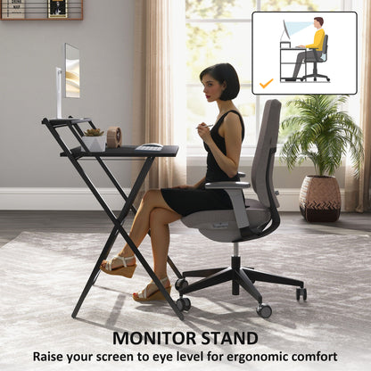 70 cm Folding Computer Desk with Monitor Shelf - Black