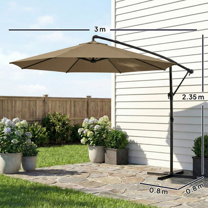 3 m Garden Cantilever Parasol with Cover, Round Overhanging Umbrella with 360° Rotation, Tilt, Khaki