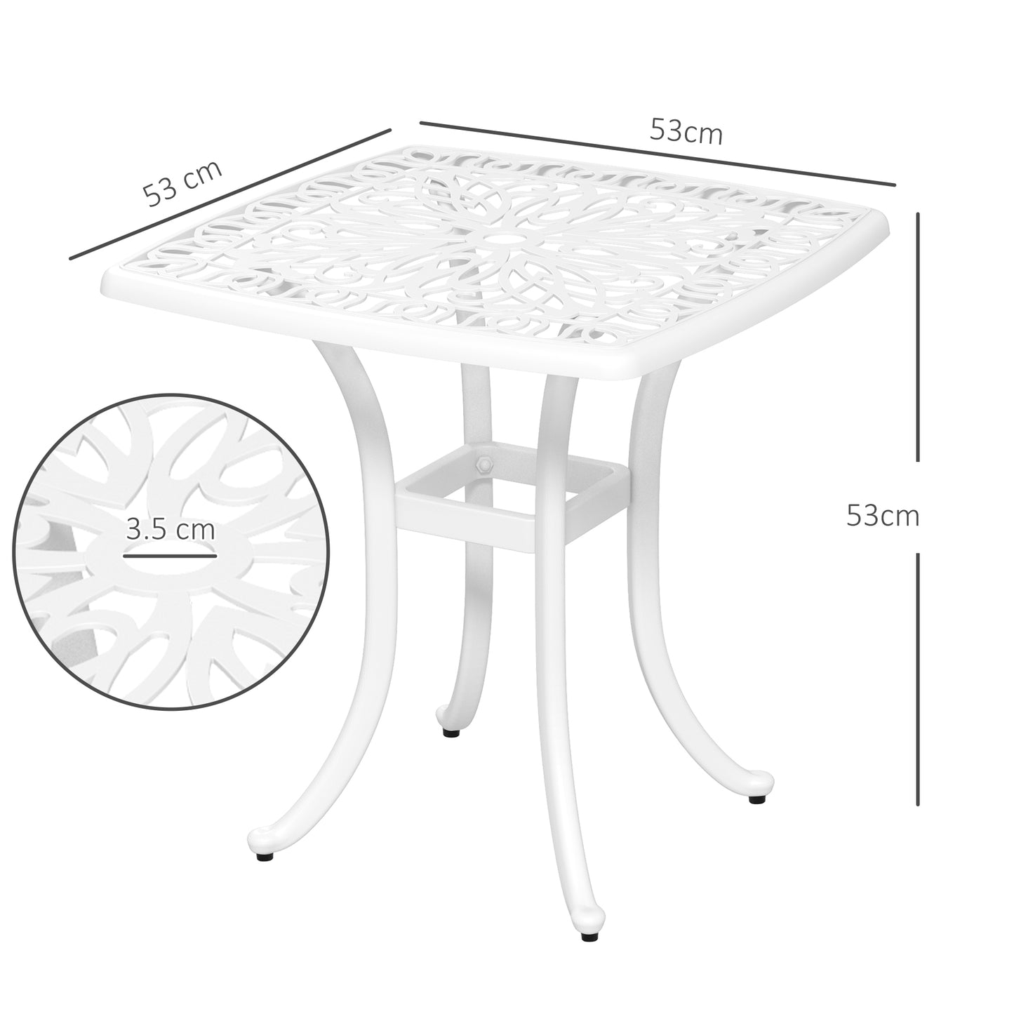 Cast Aluminium Bistro Table, Outdoor Square Side Table with Umbrella Hole, Garden Table for Balcony, White