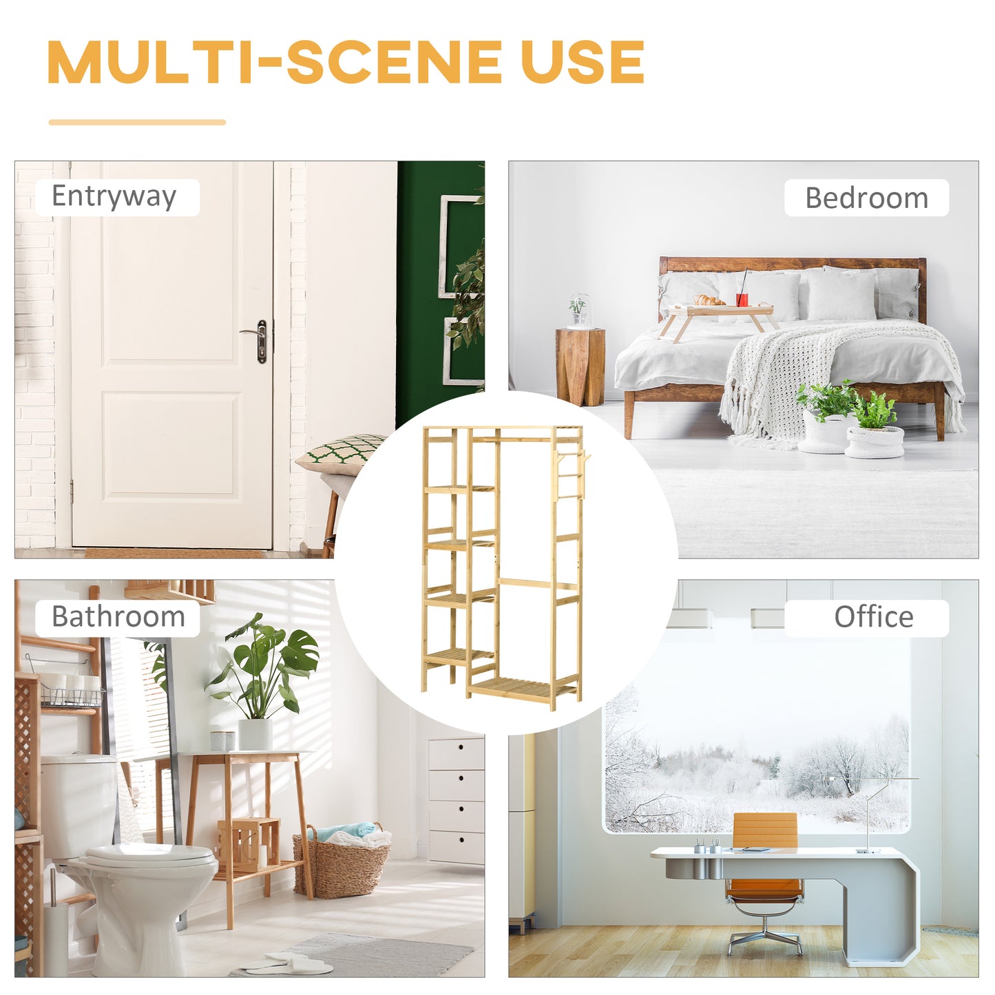Bamboo Garment Rack, Clothes Rack with Storage Shelf, Hanging Rail and Side Hooks for Entryway, Bedroom, Bathroom and Office