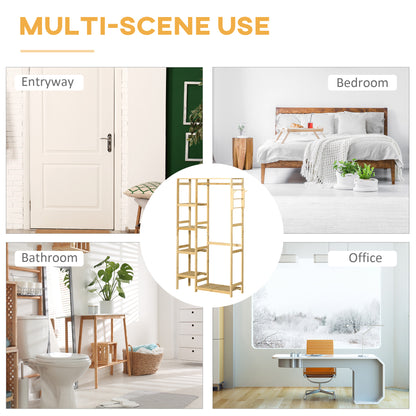 Bamboo Garment Rack, Clothes Rack with Storage Shelf, Hanging Rail and Side Hooks for Entryway, Bedroom, Bathroom and Office
