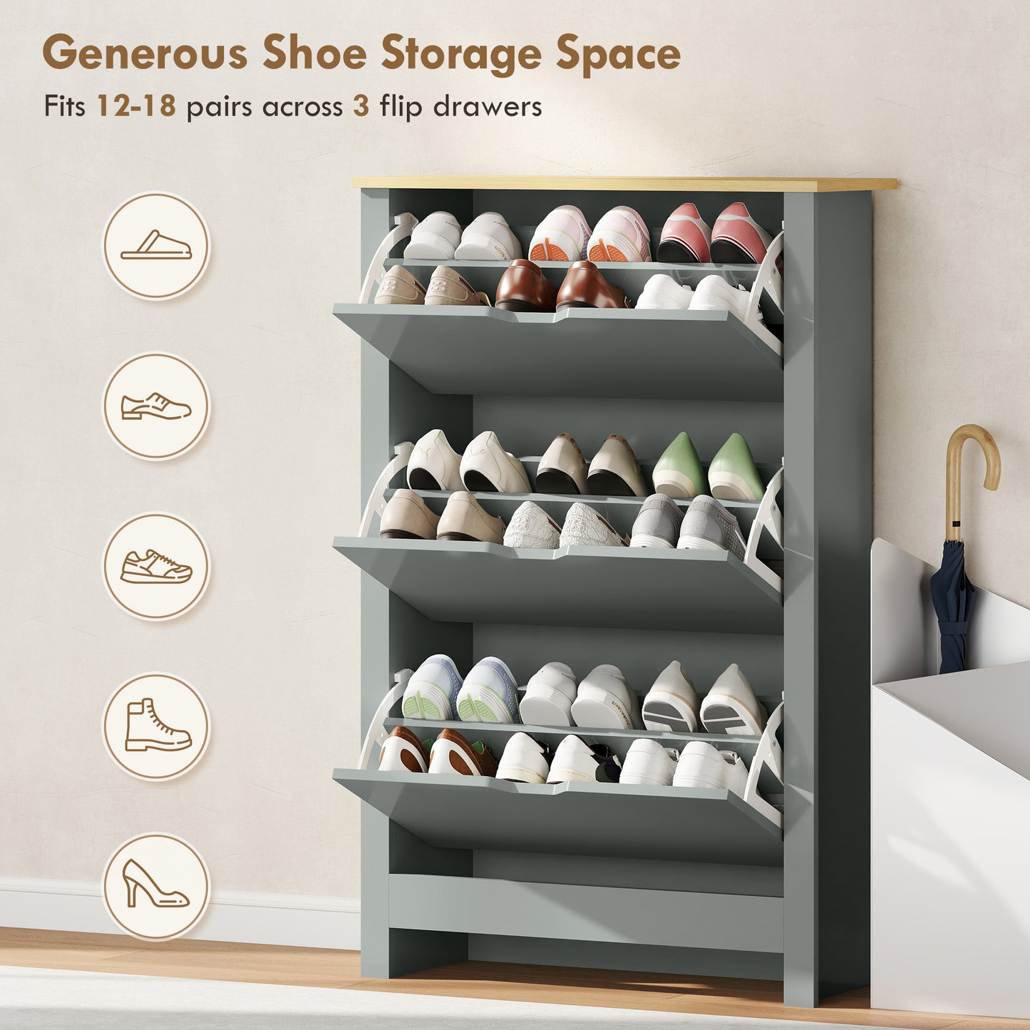Slim Shoe Cabinet, Narrow Shoe Cupboard with 3 Flip Drawers, Adjustable Shelves for 18 Pairs of Shoes, Light Grey