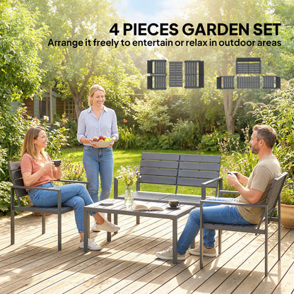 4 Piece Garden Furniture Set, Outdoor Sofa Set with HDPE Slatted Loveseat Armchairs Coffee Table Metal Frame, Dark Grey