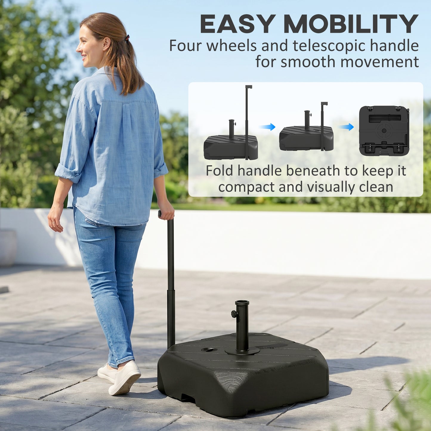 Garden Parasol Base with Wheels, Telescopic Handle, 72 kg /45 kg Fillable Sun Umbrella Base Parasol Stand, Black
