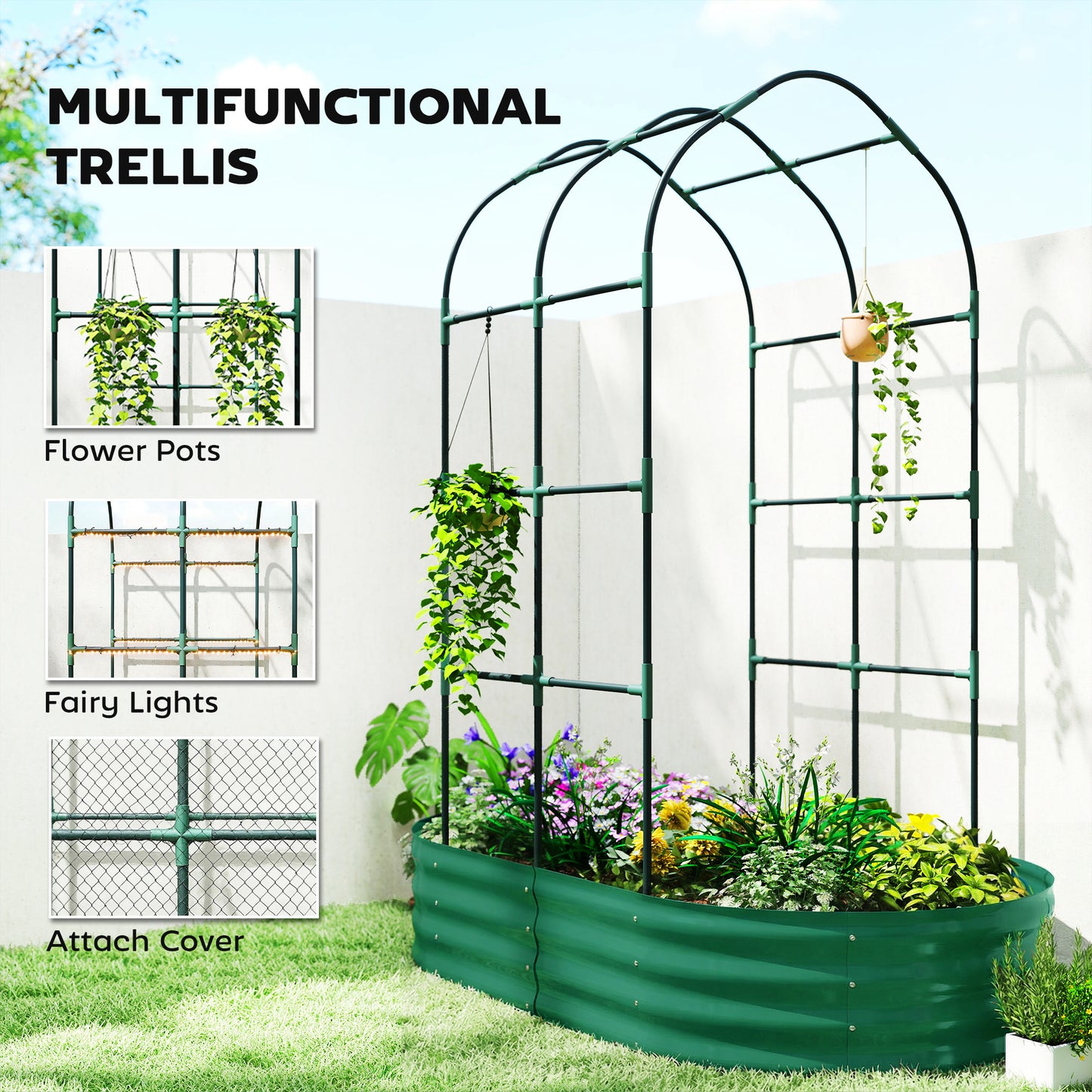 Galvanised Raised Garden Bed with Arched Trellis, 5 x 3 x 6ft Metal Raised Bed for Garden with Open Bottom, Green