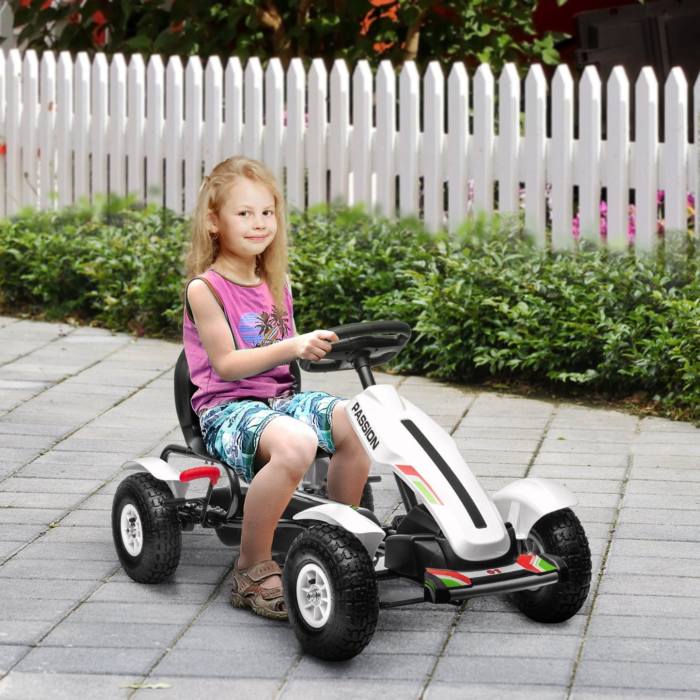 Pedal Go Kart, Kids Ride On Racer with Adjustable Seat, Inflatable Rubber Tyres, Handbrake for Ages 5-12 Years - White