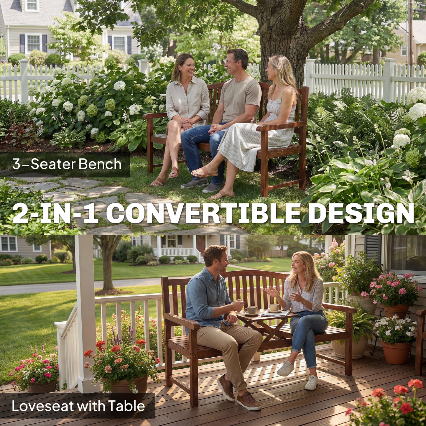 Garden Loveseat Bench, 2-3 Seater Outdoor Bench with Liftable Table and Waterproof Cover, Light Brown