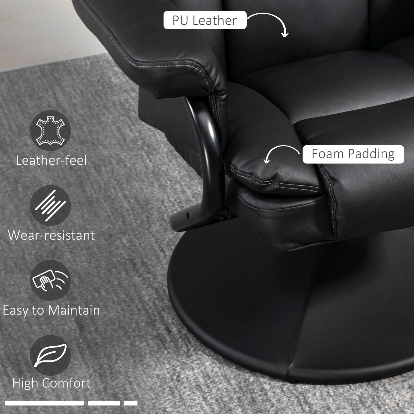 Swivel Recliner Chair with Footstool, PU Leather Recliner Armchair with Ottoman, Steel Base