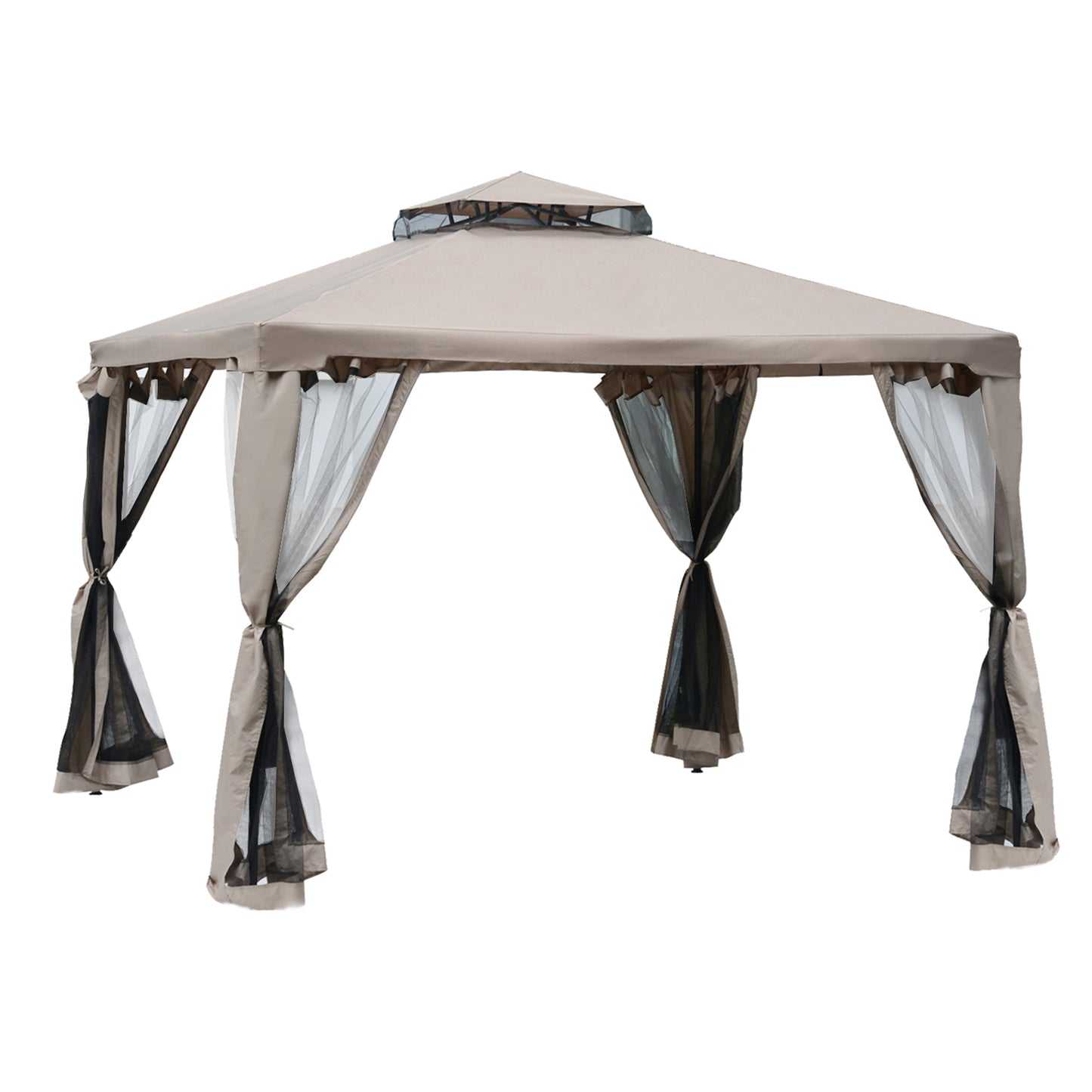 Outdoor Gazebo, 2-tier Roof with Netting for Garden Patio, 295L x 295W x 263Hcm, Taupe