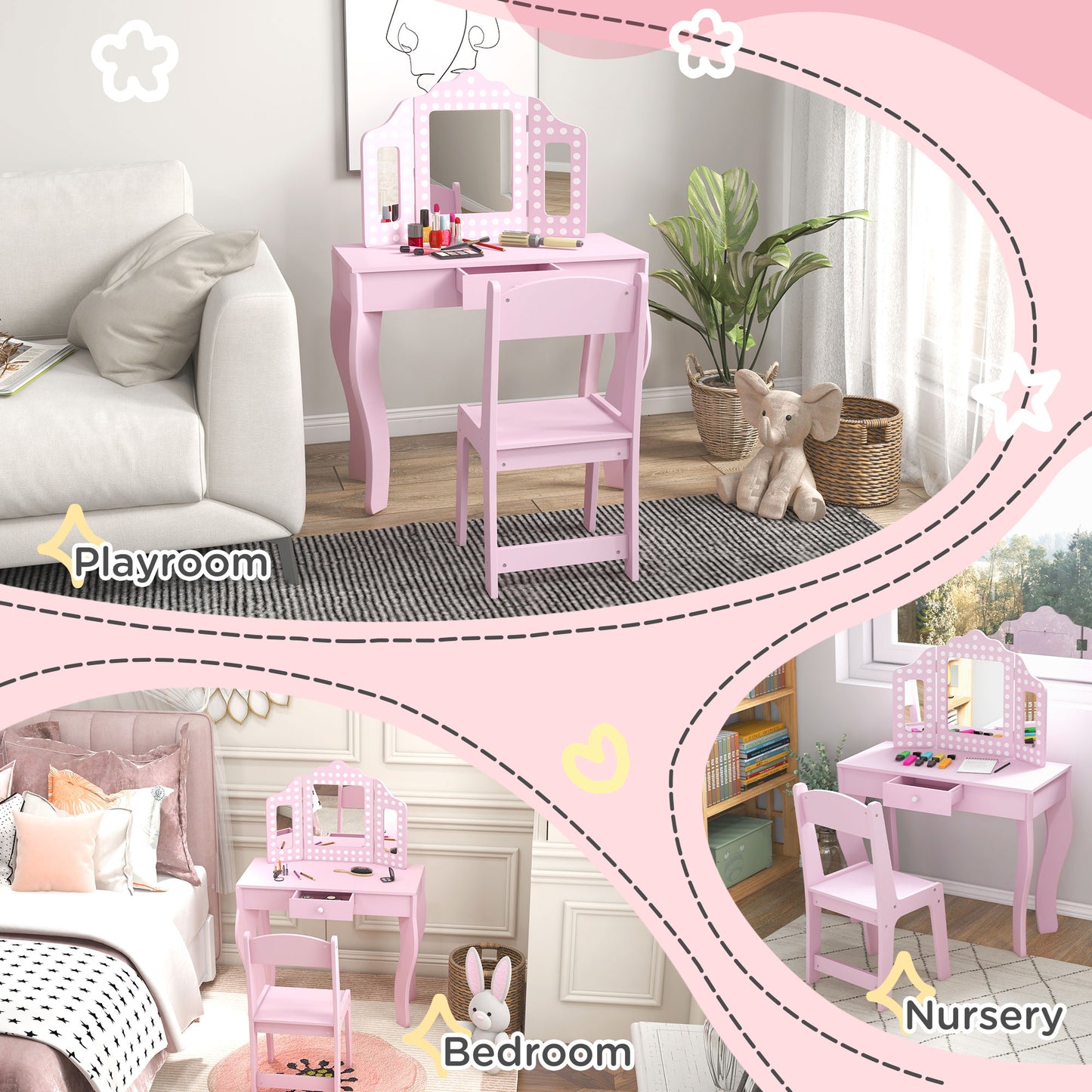 Kids Dressing Table Sets with Stool and Tri-Fold Mirror, Drawer for Playroom, Bedroom - Pink