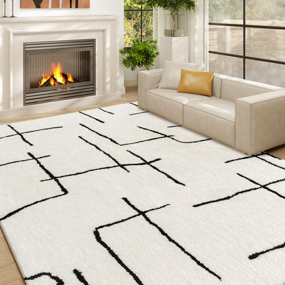 Modern Fluffy Area Rug, Geometric Pattern Washable Rug, Soft High Pile Floor Carpet for Living Room, Bedroom, Dining Room