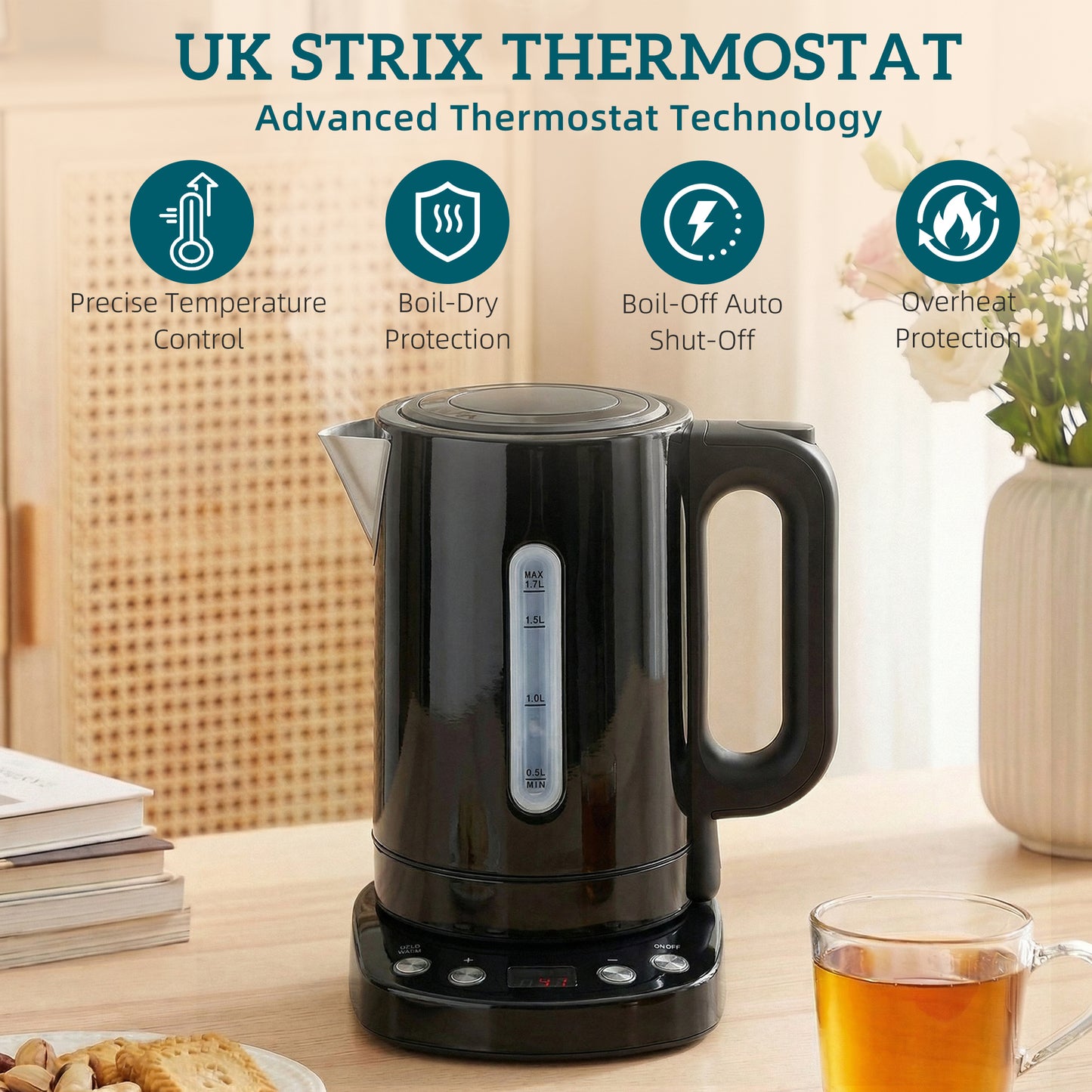 Electric Kettle, 1.7L, Fast Boil, 3kW Water Kettle with UK Strix Thermostat, Keep Warm Function, LCD Base, Black