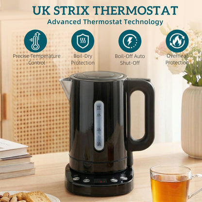 Electric Kettle, 1.7L, Fast Boil, 3kW Water Kettle with UK Strix Thermostat, Keep Warm Function, LCD Base, Black