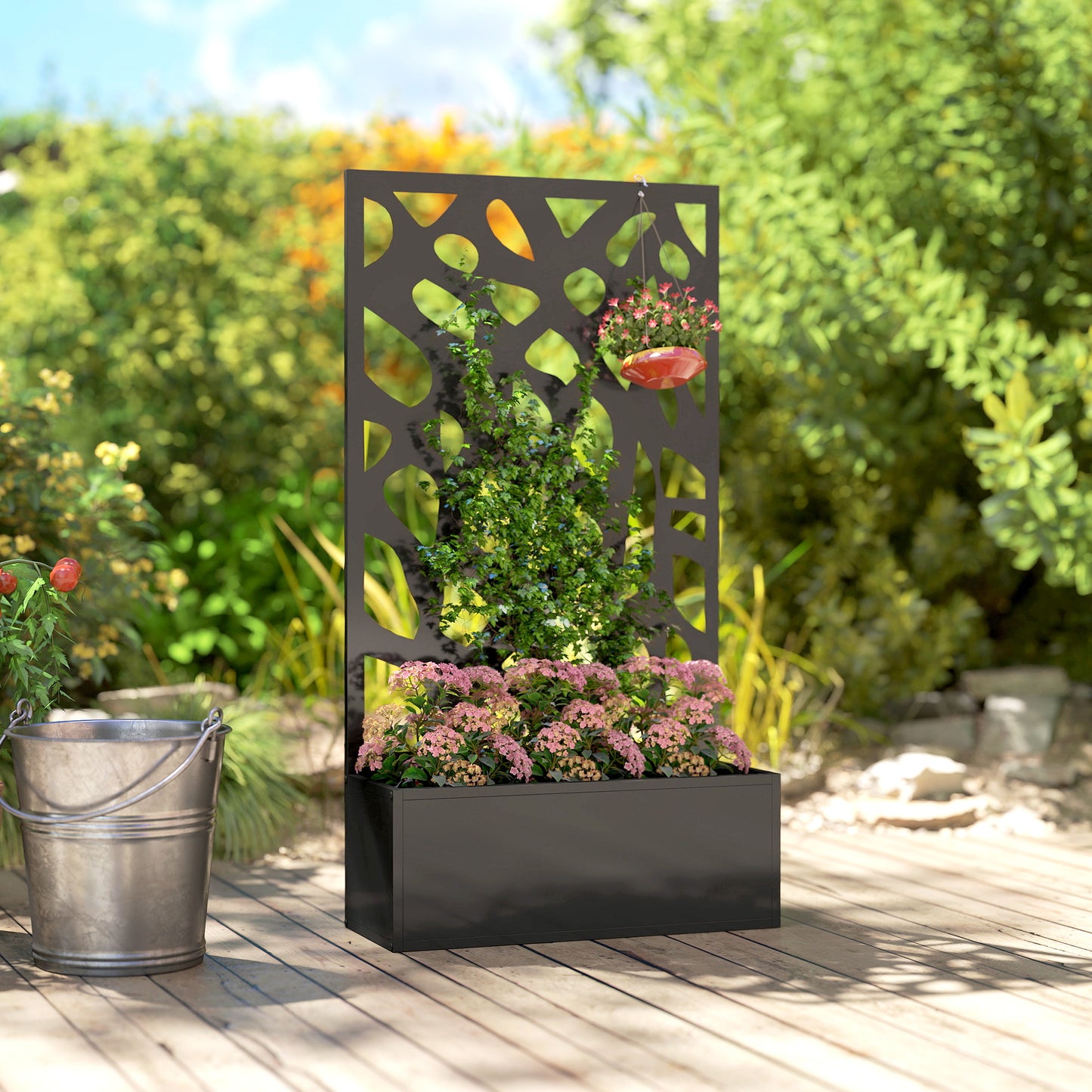 Metal Raised Garden Bed with Trellis, Outdoor Planter Box with Privacy Screen, Elevated Garden Box for Climbing Plants