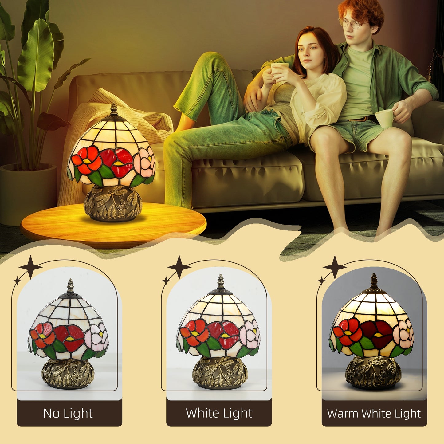 Handcrafted Classic Stained Glass Bedside Lamp, Tiffany-Style Table Lamp with Sculpted Dragonfly Base, Multi-Coloured