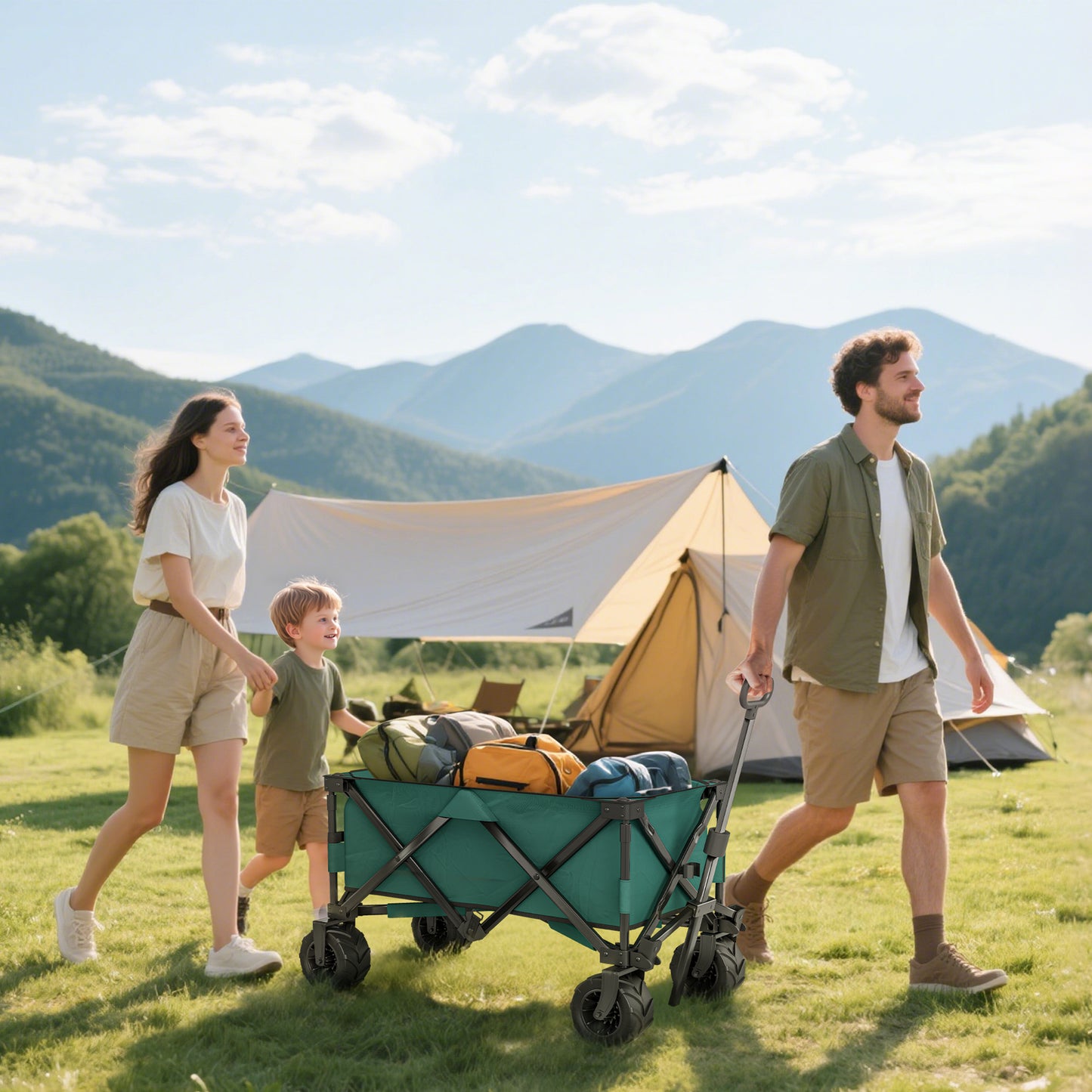 205L Festival Trolley on Wheels, Folding Camping Trolley Cart with Telescopic Handle, Beach Cart