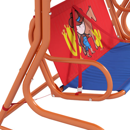 Two Seater Kids Garden Swing, Cowboy Themed kids Swing Chair with Adjustable Canopy, Safety Belts for Outdoor Use