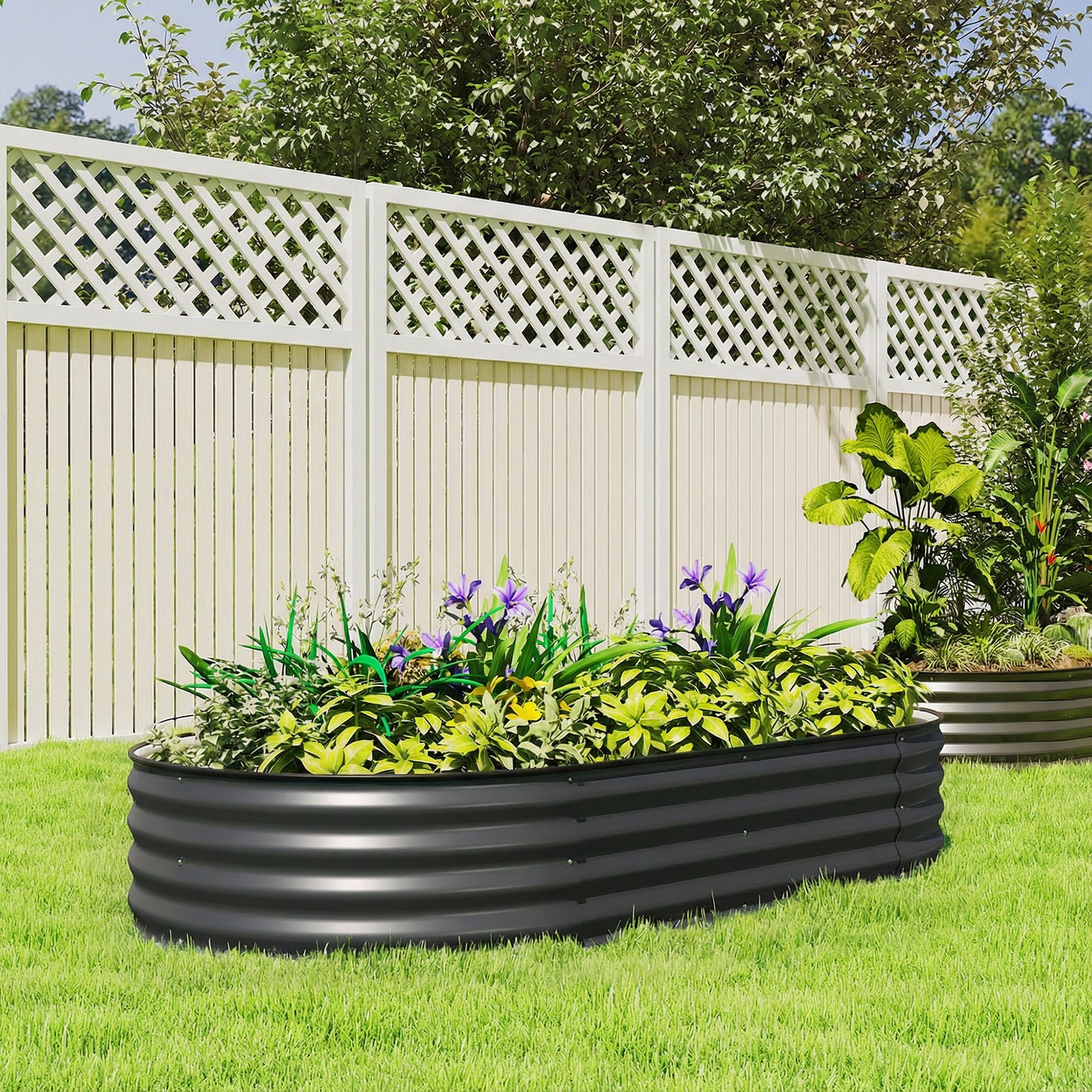 Galvanised Raised Garden Bed, Metal Planter Box with Safety Edging, for Flowers, Herbs, Succulents, Dark Grey