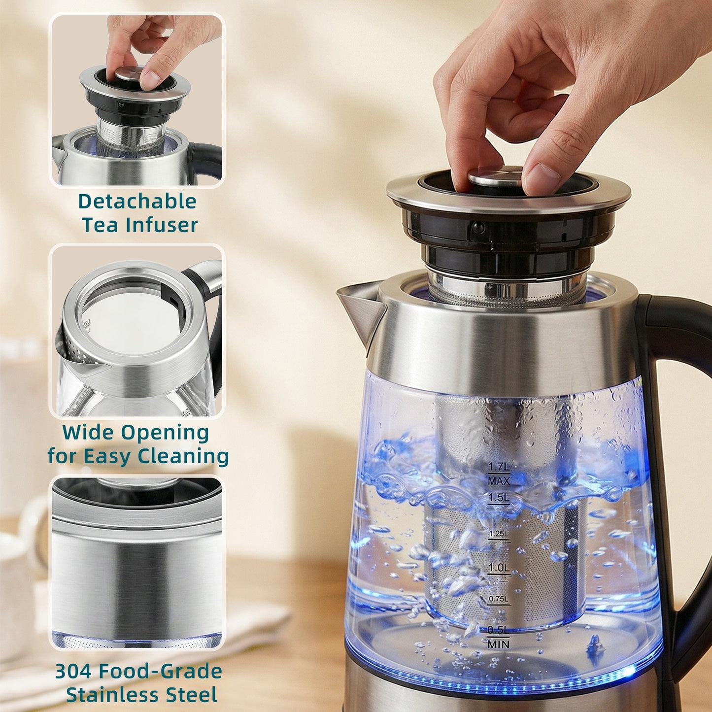 Electric Kettle, 1.7L Fast Boil 3KW Water Kettle with UK Strix Thermostat, Tea Infuser, Keep Warm Function