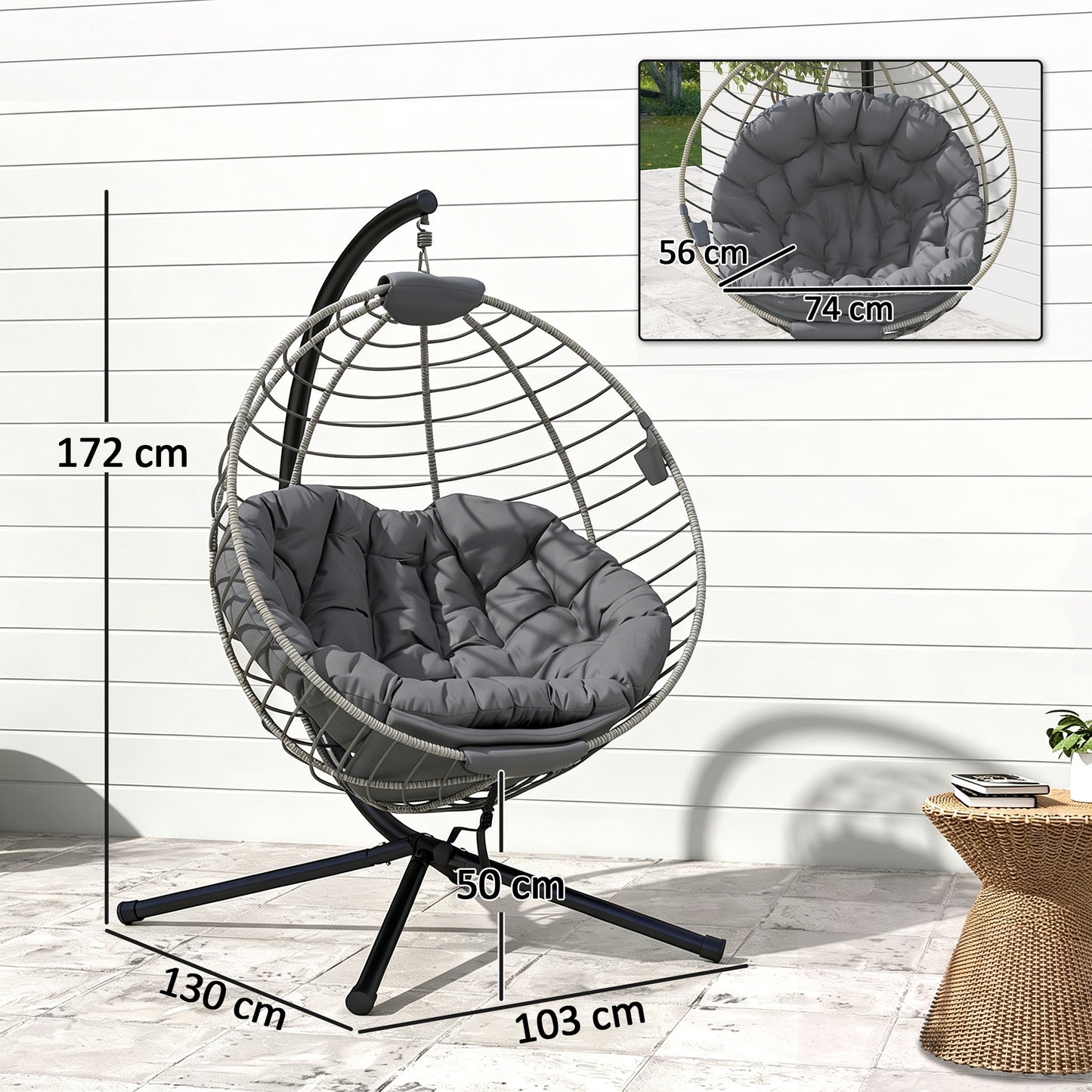 PE Rattan Swing Chair, Outdoor Hanging Chair with Metal Stand, Thick Padded Cushion, Foldable Basket and Cup Holder