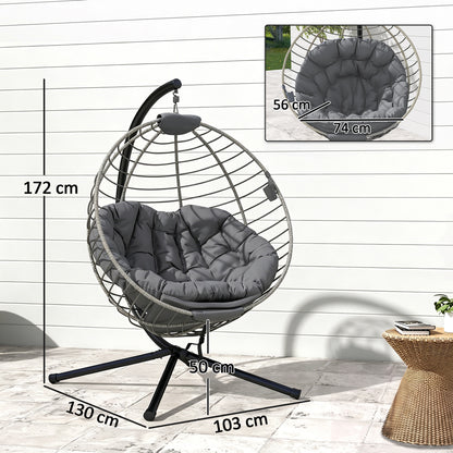 PE Rattan Swing Chair, Outdoor Hanging Chair with Metal Stand, Thick Padded Cushion, Foldable Basket and Cup Holder