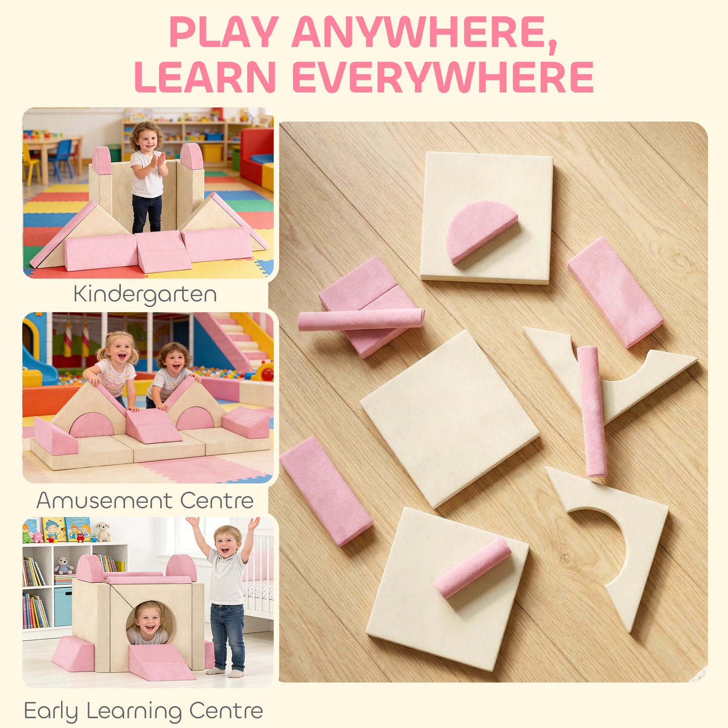 Kids Play Sofa, 12 Pieces Foam Modular Soft Play Set for Playroom, Children Convertible Sofa for Boys and Girls, Pink