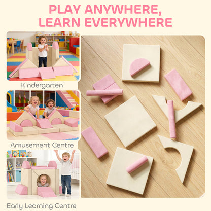 Kids Play Sofa, 12 Pieces Foam Modular Soft Play Set for Playroom, Children Convertible Sofa for Boys and Girls, Pink