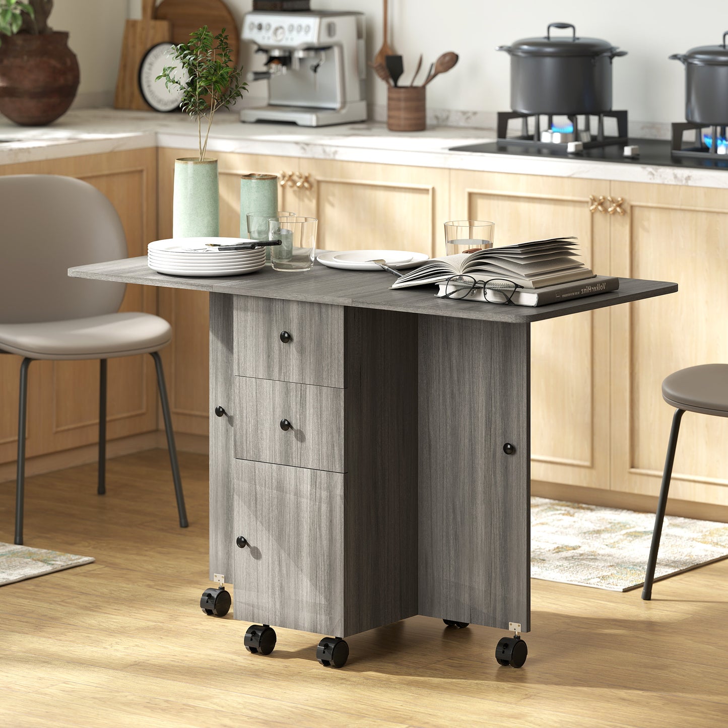 Multi-Storage Six-Person Drop Leaf Dining Table - Grey
