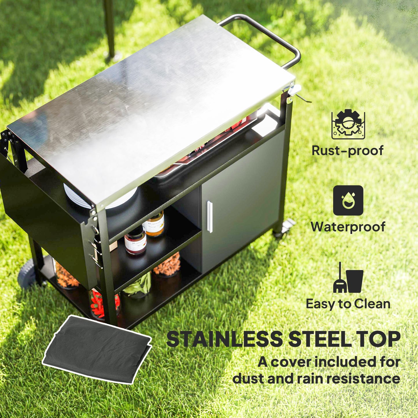 Outdoor BBQ Trolley with Foldable Side Table, Stainless Steel Top, Outdoor Kitchen with Wheels Hooks Shelves Cabinet