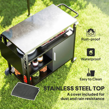 Outdoor BBQ Trolley with Foldable Side Table, Stainless Steel Top, Outdoor Kitchen with Wheels Hooks Shelves Cabinet