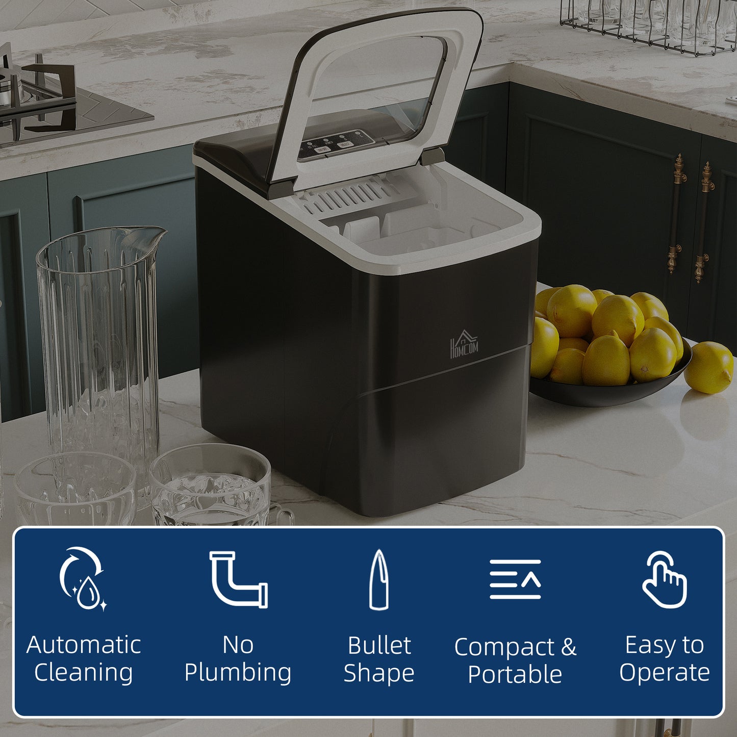 12kg Countertop Ice Cube Machine, with Scoop - Black