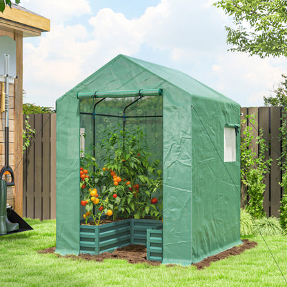 Small Greenhouse with Raised Garden Bed, Galvanised Walk-in Greenhouse with Roll Up Windows, 141 x 141 x 190 cm, Green