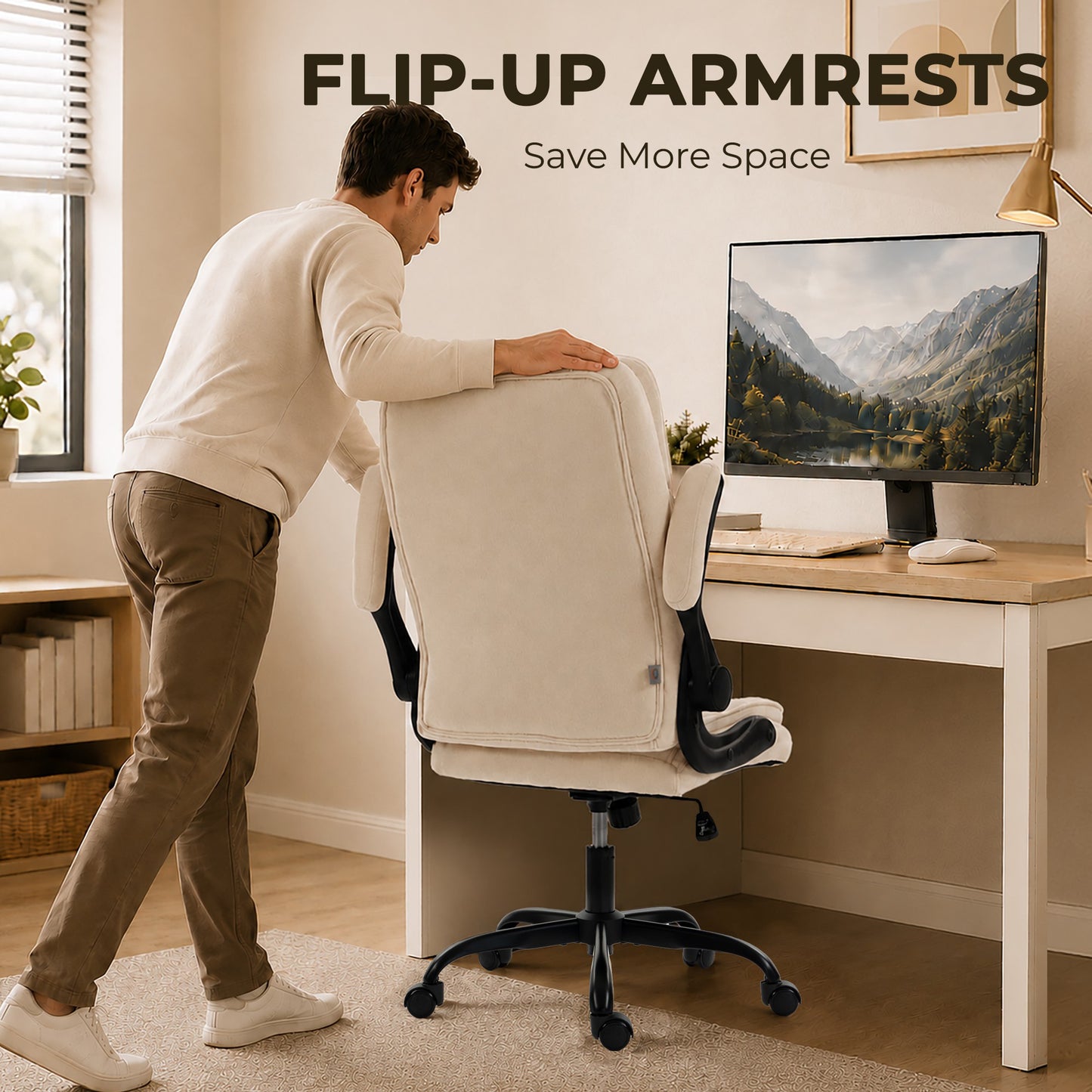Office Chair, Ergonomic Desk Chair with Flip-up Armrest, Pocket Springs, Swivel Wheels, Adjustable Height, Beige