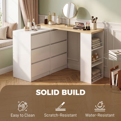 Vanity Table, Dressing Table with 6 Drawers and 3-Tier Shelf for Women and Girls, White
