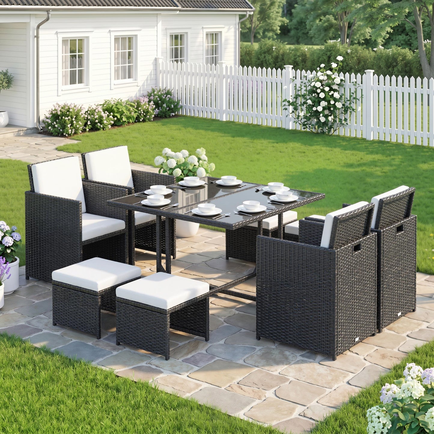 9 Piece Rattan Cube Garden Furniture Dining Set with Armchairs, Footstools and Glass-Top Table, Black