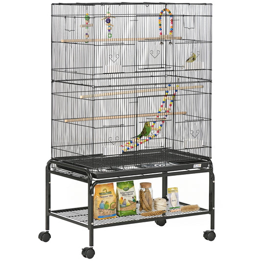 Large Bird Cage Budgie Cage with Stand, Toys, Wheels, Accessories, Storage Shelf for Canaries, Finches, Lovebirds