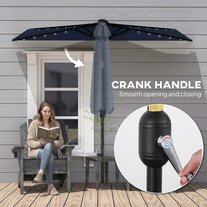 2.6 m Half Garden Parasol with Solar LED Lights, UPF50+ Semi Round Umbrella with 30° Tilt, Crank Handle, Dark Blue