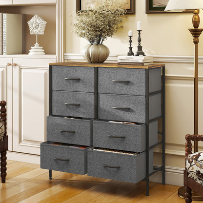 Fabric Chest of Drawers, Industrial Bedroom Dresser with 8 Fabric Drawers, Steel Frame and Wooden Top for Nursery