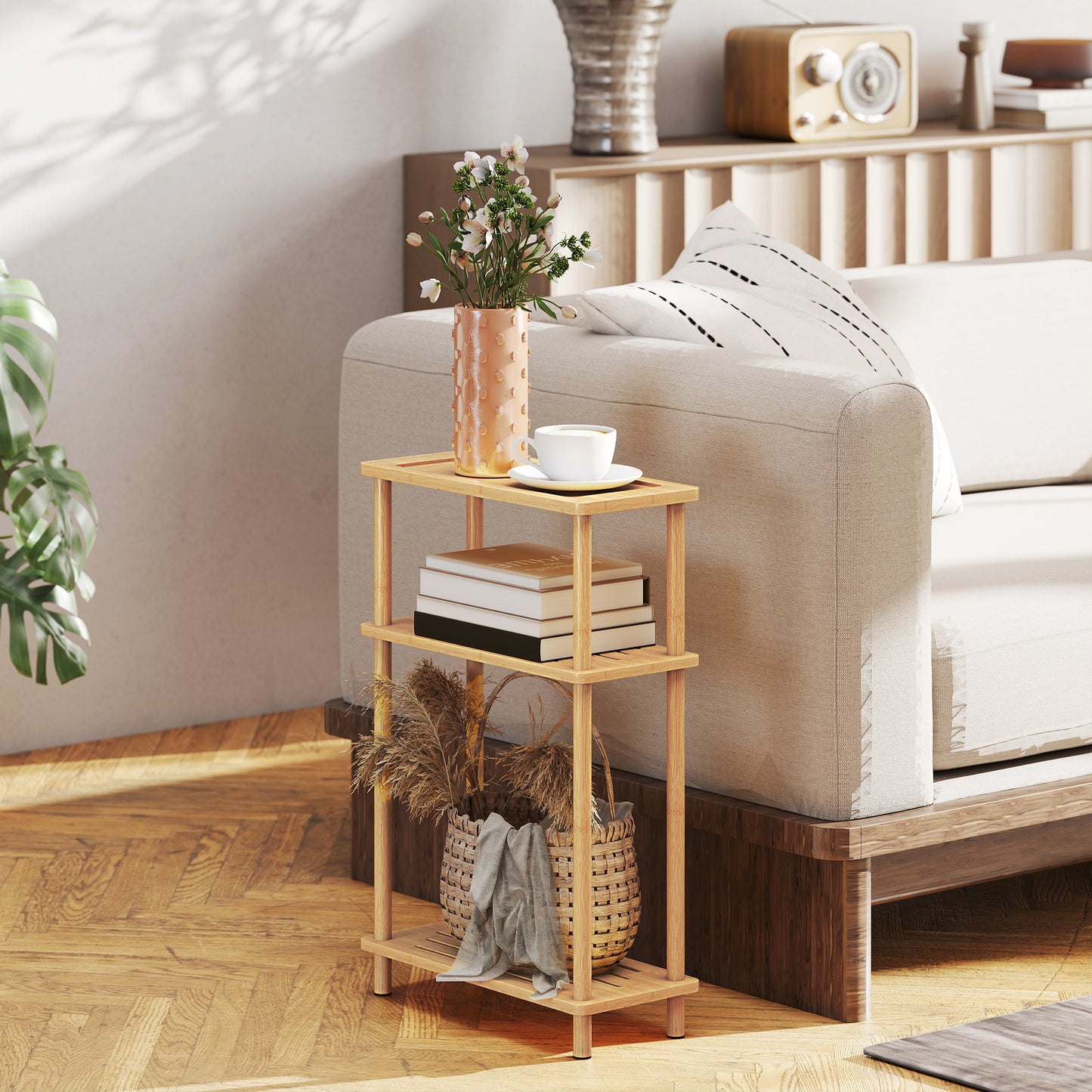 Bamboo Side Table, 3-Tier Slim End Table, Nordic Style, for Living Room, Bedroom, Office, Tool-Free Assembly