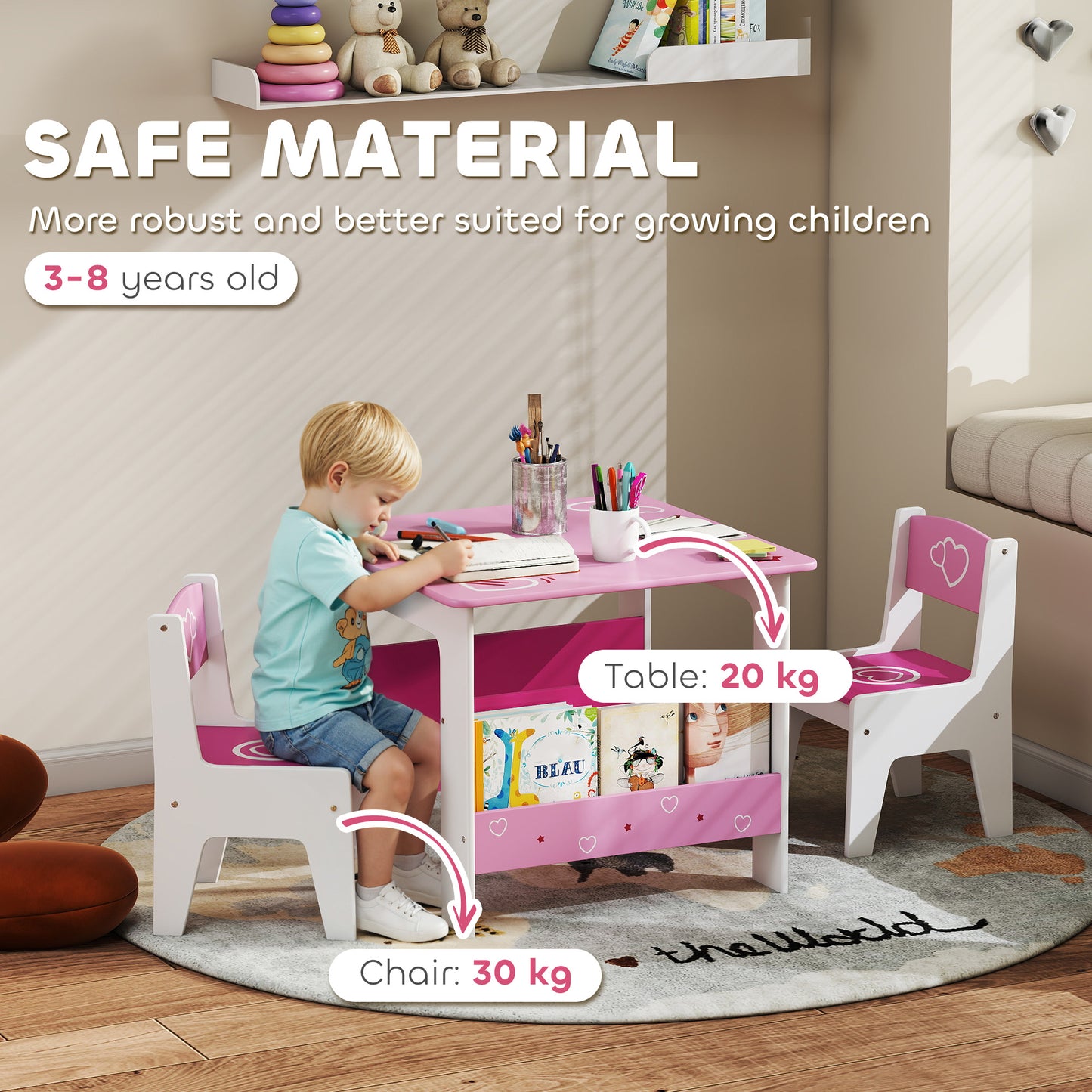 3 Pieces Kids Table and Chair Set, Toddler Activity Table with Bookshelves, for Living Room, Nursery, Playroom, Pink
