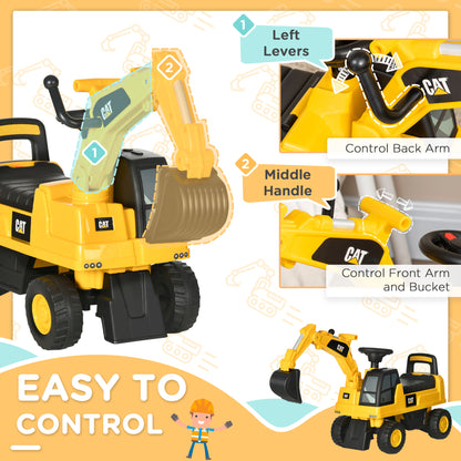 CAT Licensed Kids Ride on Digger Toddler Pretend Construction Play Toy Foot-To-Floor Ride-On Toy w/ Manual Shovel, Horn