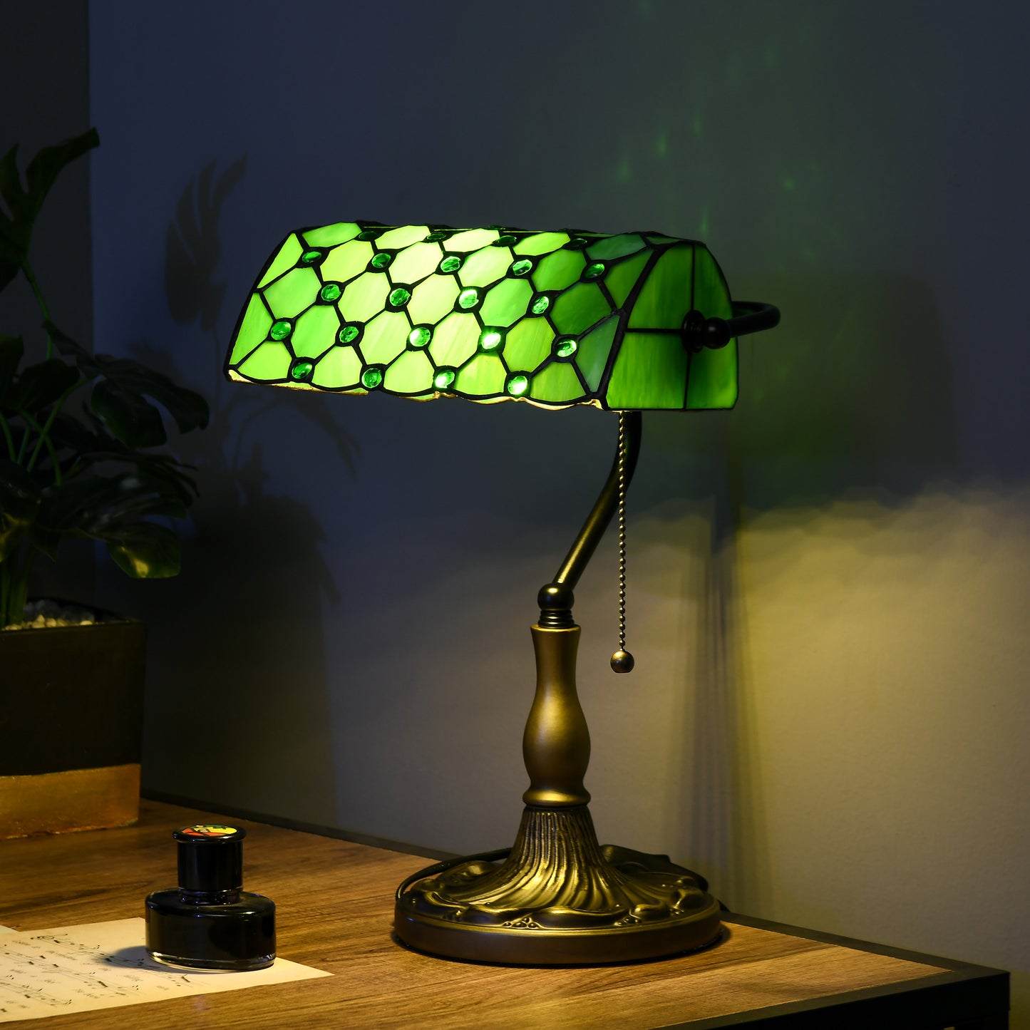 Stained Glass Table Lamp, Vintage Lamp with Green Handmade Shade, Metal Base