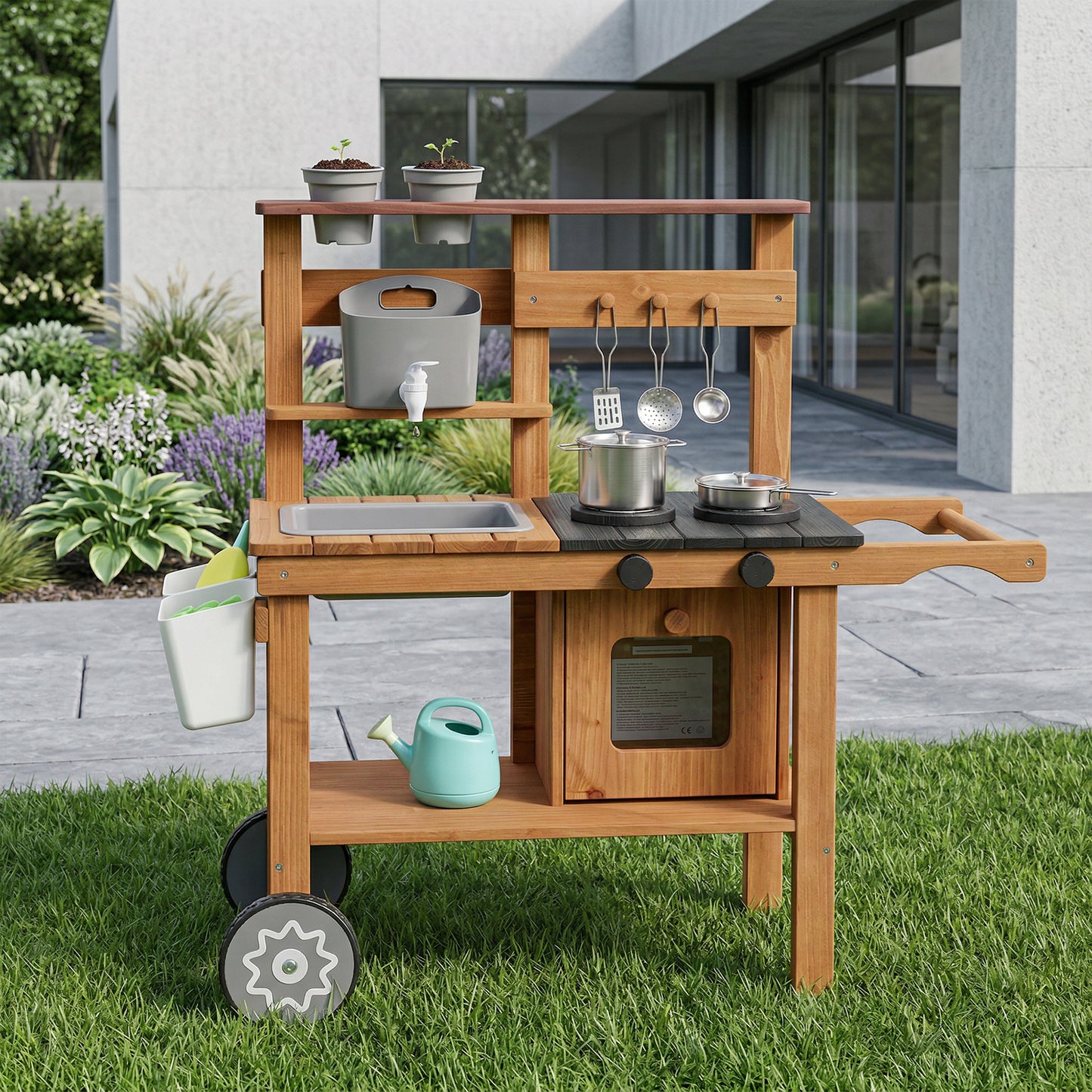 Wooden Mud Kitchen with Wheels, Stove, Faucet, Flower Pots, Stainless Steel Accessories for Toddlers 3-6, Brown