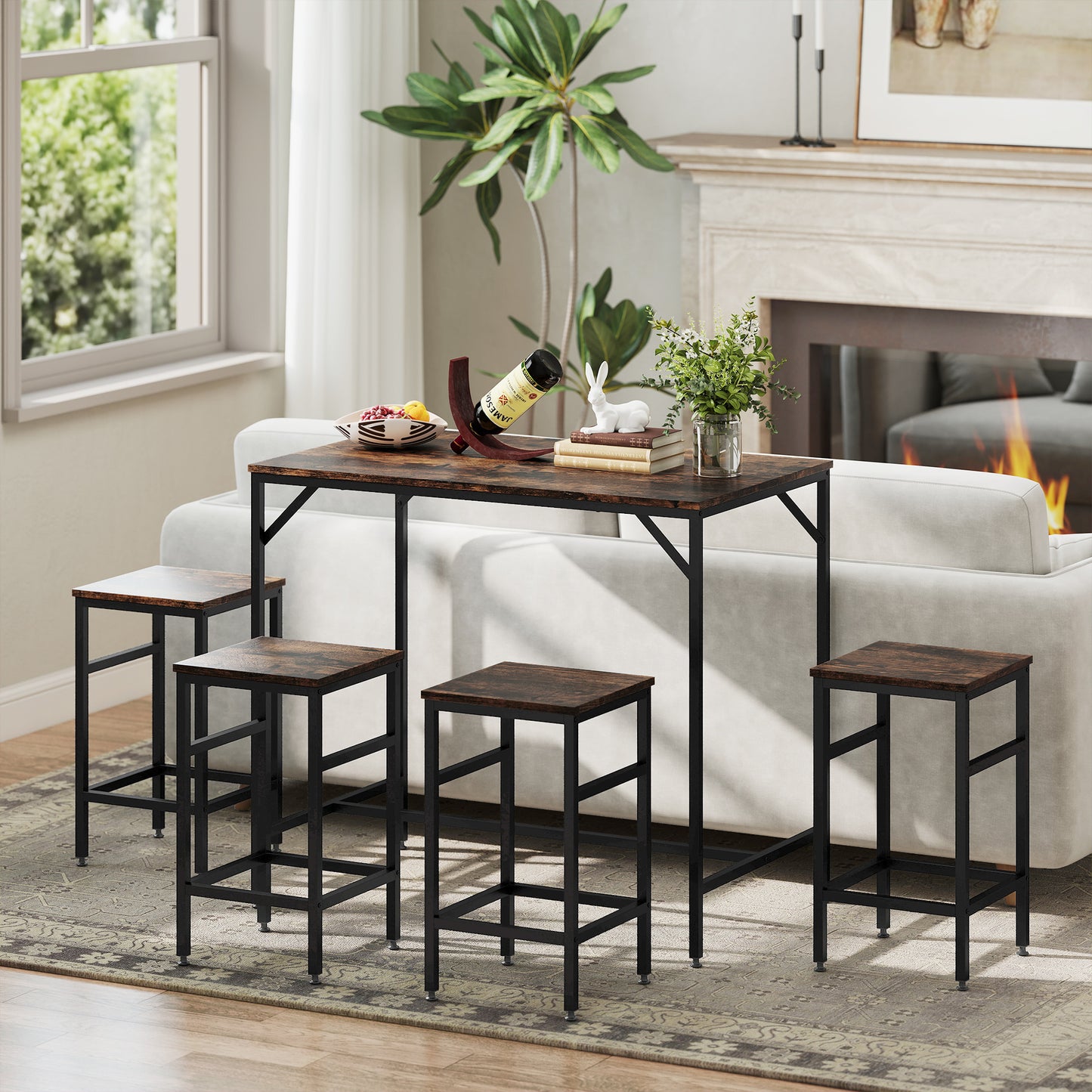 5-Piece Breakfast Bar Table and Stools Set, Kitchen Bar Table Set with High Table and 4 Stools