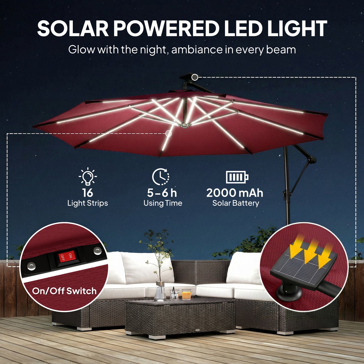 3 m Garden Cantilever Parasol with LED Solar Light, Round Overhanging Umbrella with 360° Rotation, Cover, Wine Red