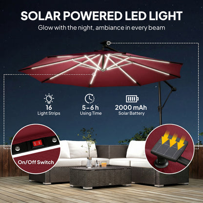 3 m Garden Cantilever Parasol with LED Solar Light, Round Overhanging Umbrella with 360° Rotation, Cover, Wine Red
