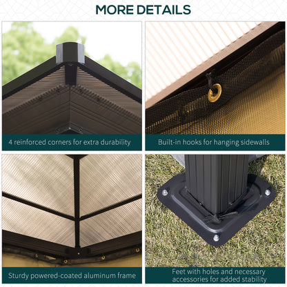 3 x 3.6(m) Hardtop Gazebo Canopy with Polycarbonate Roof and Aluminium Frame, Garden Pavilion, Brown
