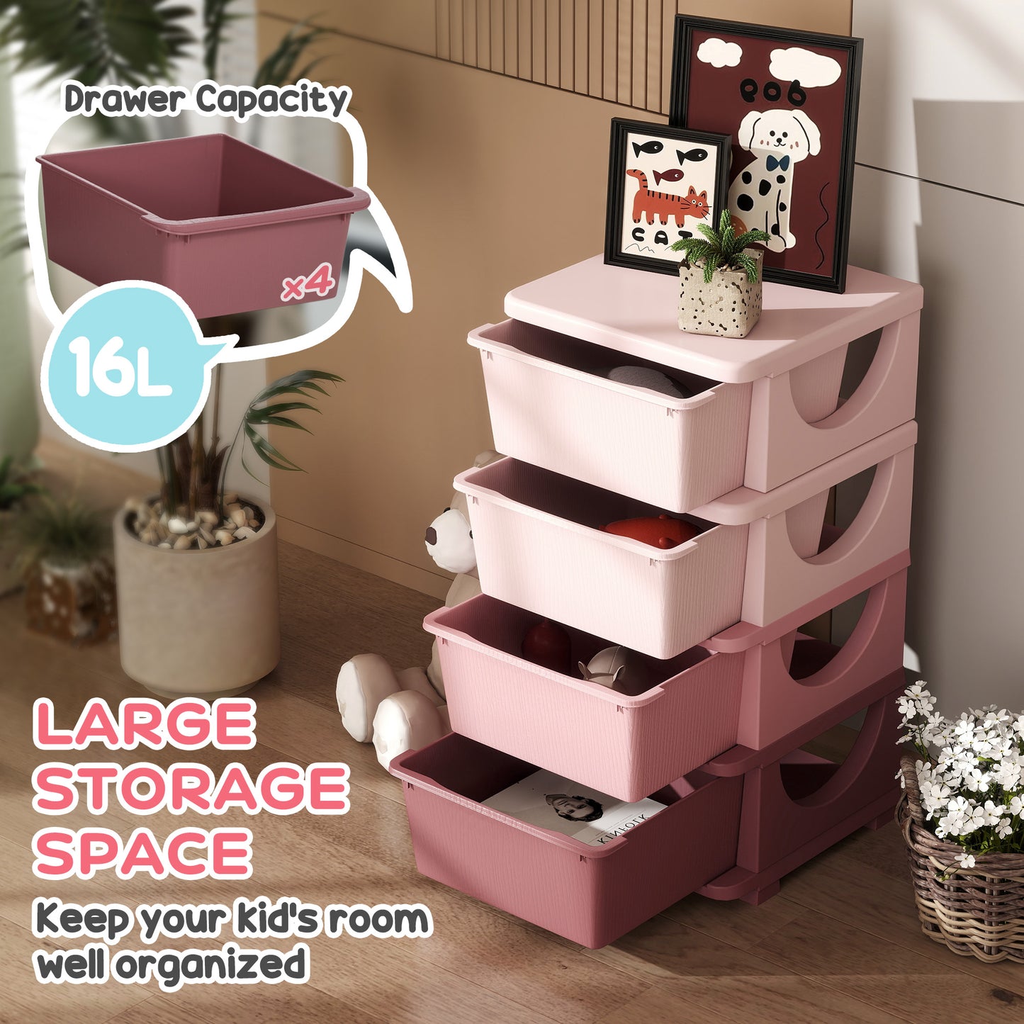 Four-Tier Kids Storage Boxes, with Four Drawers, Pink