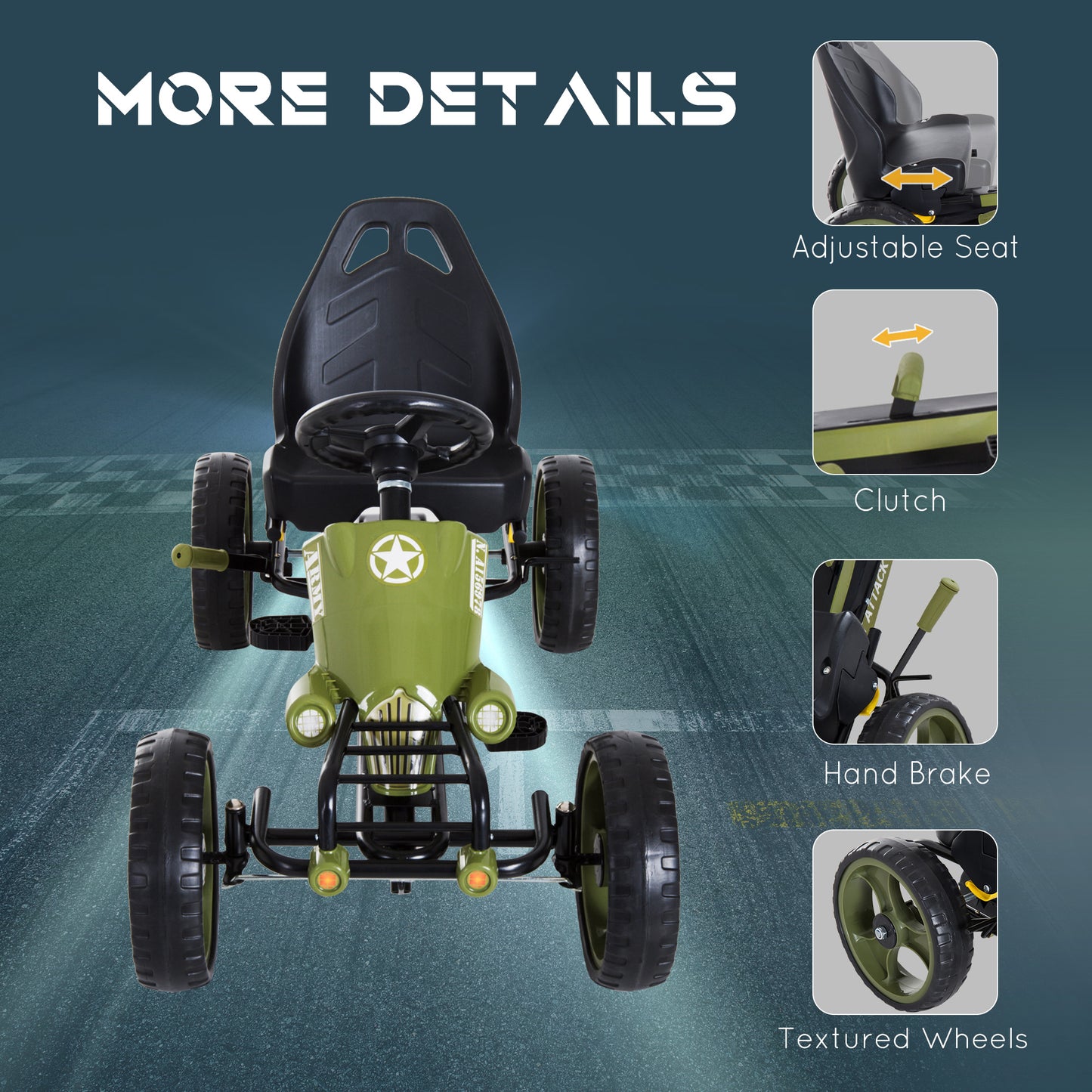 Pedal Go Kart, Kids Ride On Racer with EVA Tyres, Manual Clutch, Braking, Adjustable Seat for Age 3-6 Years, Green