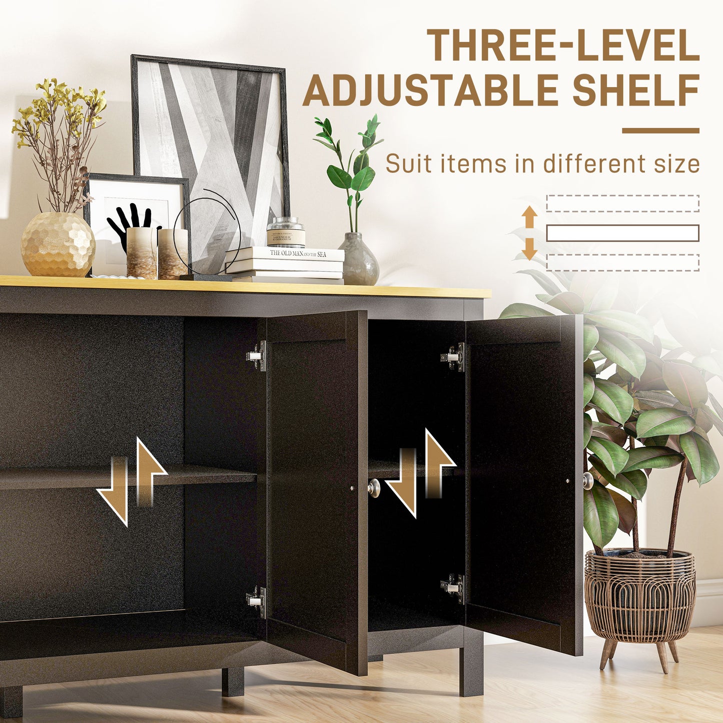 Sideboard, Buffet Cabinet with Doors and Adjustable Shelves for Living Room, Entryway, Black and Natural